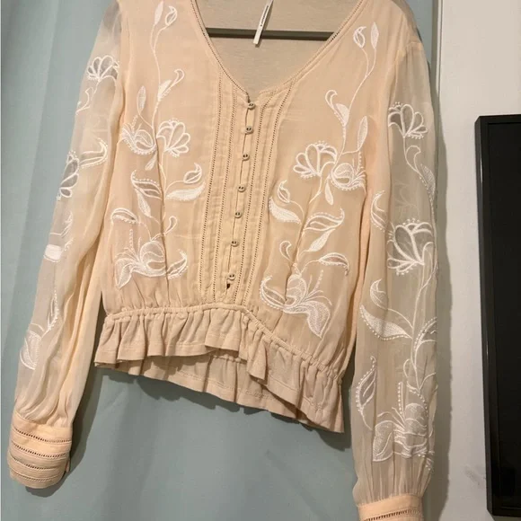 Anthropologie Cream Embroidered Boho blouse sheer floral Pintuck ruffle hem smal - Picture 4 of 5